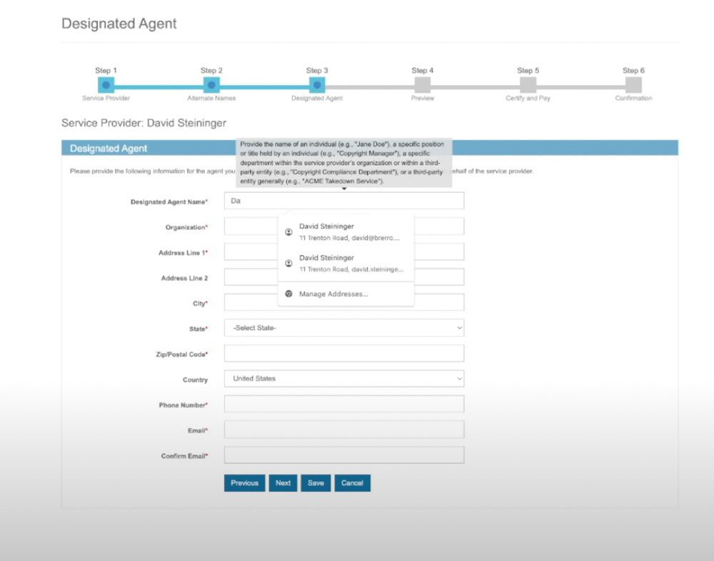 DMCA Registered agent online form