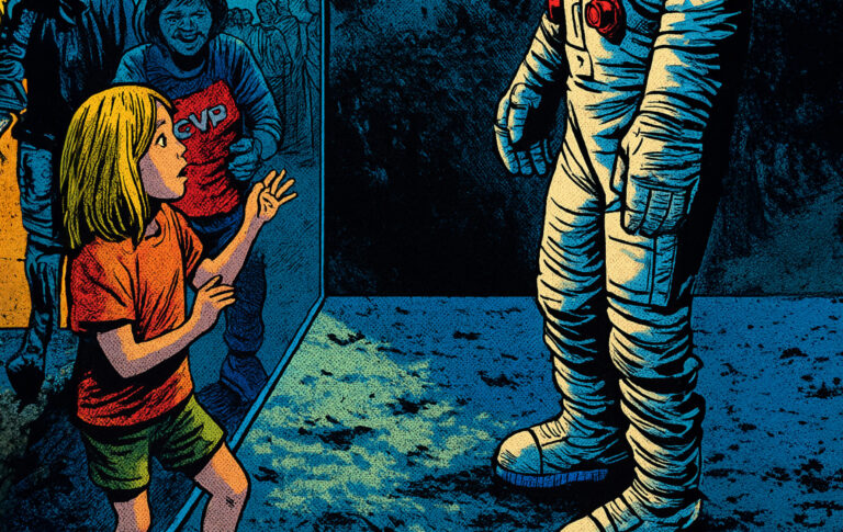 child mesmerized by Neil Armstrong's space suit